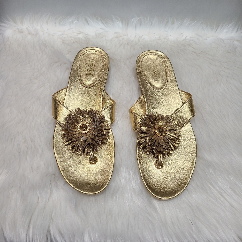 Coach Suki Gold Sandals with Decorative Fringe Medallion 7.5 B